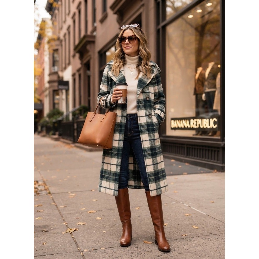 Banana Republic Green White Plaid Wool Blend Coat Petite Small luxury NWT$300